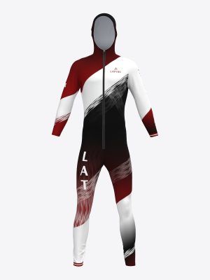 Personalizēta bobsleja sacensību tērpa dizaina paraugs ar integrētu kapuci, priekšējo rāvējslēdzēju un sublimācijas apdruku.