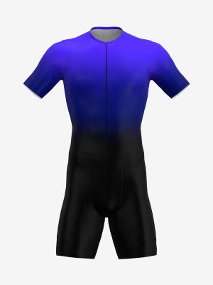 Custom sublimated skin suit for rollerskiing, designed with a narrow collar and elastic compression material for maximum athlete performance.