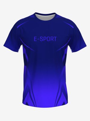 Custom sublimated men's short-sleeve esports jersey mock-up with E-SPORT text across the chest and dynamic blue graphic accents on a plain background.