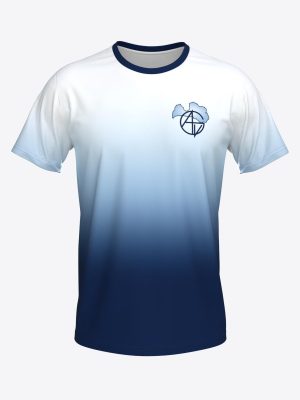 Sublimated custom sports t-shirt with a white-to-navy vertical gradient, dark crew neck, and a custom Latvian school Rīgas Āgenskalna valsts ģimnāzija emblem printed on the left chest.
