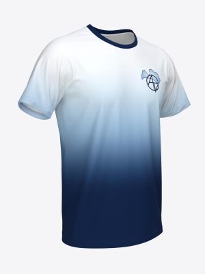 Sublimated custom sports t-shirt with a white-to-navy vertical gradient, dark crew neck, and a custom Latvian school Rīgas Āgenskalna valsts ģimnāzija emblem printed on the left chest.