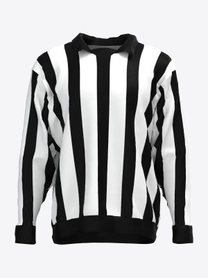 A professional long-sleeved hockey referee jersey featuring classic vertical black and white stripes and a black collar.