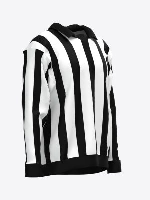 A professional long-sleeved hockey referee jersey featuring classic vertical black and white stripes and a black collar.