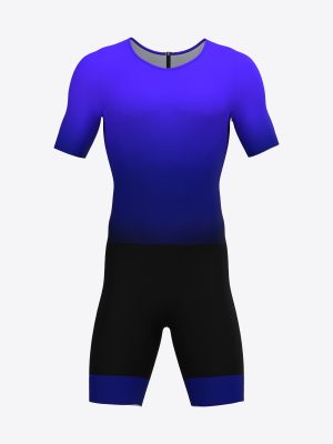 Custom sublimated inline speed skating suit featuring a low-profile collar, aerodynamic short sleeves, and a high-tension compression fit for reduced wind resistance.
