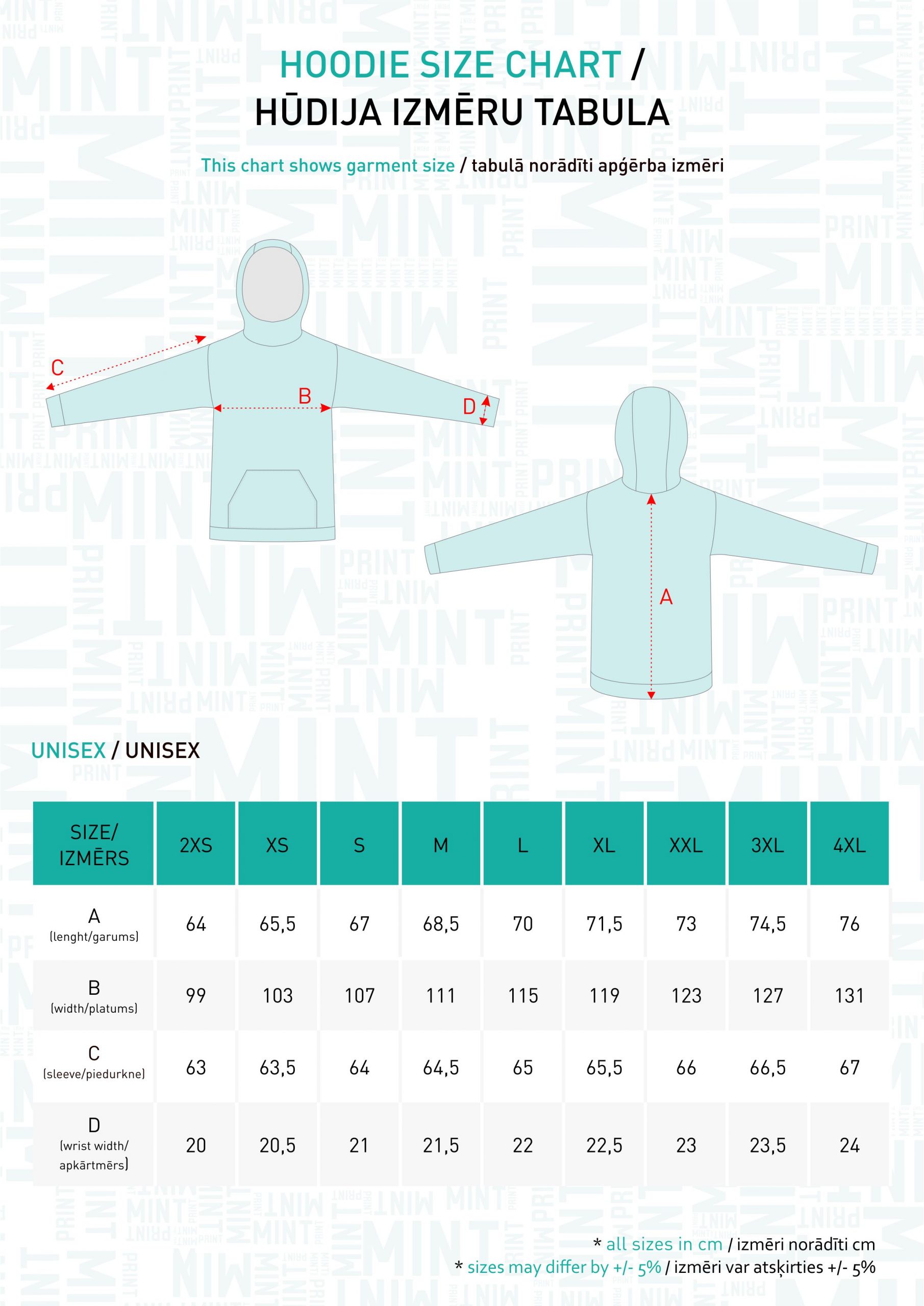 Unisex džemperu izmēru tabula