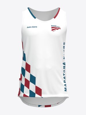 White custom sportswear running tank top for Maratona Klubs featuring a red and blue diamond checker pattern with sharp sublimation print lettering.