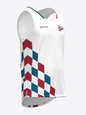 White custom sportswear running tank top for Maratona Klubs featuring a red and blue diamond checker pattern with sharp sublimation print lettering.