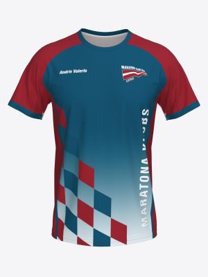 Blue and red men's custom sportswear running t-shirt for Maratona Klubs featuring a diamond checker pattern and personalized sublimation print lettering.