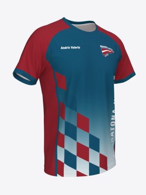 Blue and red men's custom sportswear running t-shirt for Maratona Klubs featuring a diamond checker pattern and personalized sublimation print lettering.