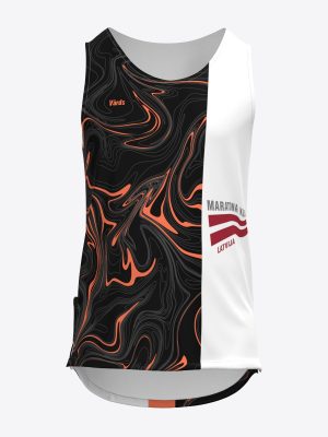 Custom sportswear running tank top for Maratona Klubs featuring a black wave pattern and a white sublimation print side panel.