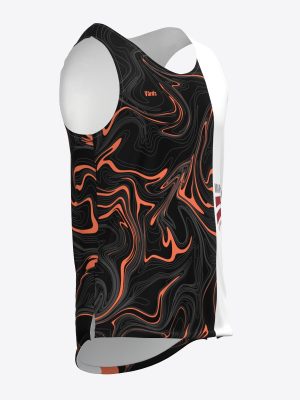 Custom sportswear running tank top for Maratona Klubs featuring a black wave pattern and a white sublimation print side panel.