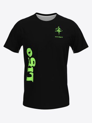 Custom sublimation sportswear T-shirt for TDA Līgo featuring a black base with dance studio branding.