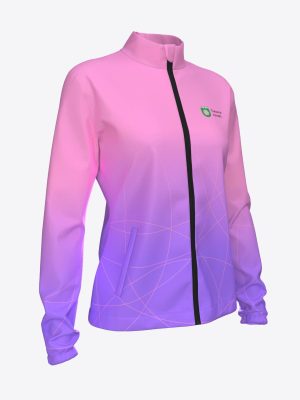 Women's custom figure skating sports jacket with pink to purple gradient sublimation print and Tukums logo.