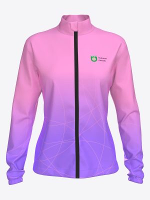 Women's custom figure skating sports jacket with pink to purple gradient sublimation print and Tukums logo.