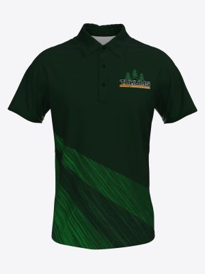 Men's custom green sports polo shirt with sublimation print and HK Tukums hockey club logo.