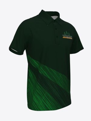 Men's custom green sports polo shirt with sublimation print and HK Tukums hockey club logo.