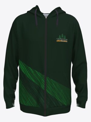 Unisex custom green sports zip-up hoodie with sublimation print and HK Tukums hockey club logo.