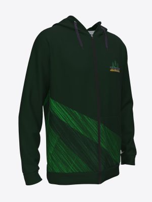 Unisex custom green sports zip-up hoodie with sublimation print and HK Tukums hockey club logo.