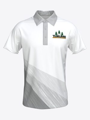 Custom white sports polo shirt with sublimation print and HK Tukums hockey club logo.