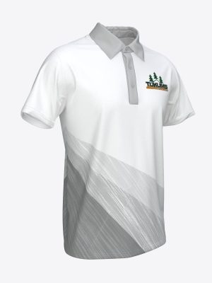 Custom white sports polo shirt with sublimation print and HK Tukums hockey club logo.