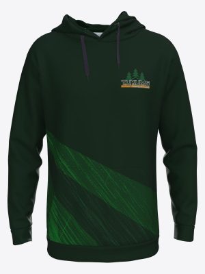 Unisex custom green sports pullover hoodie with drawstrings, sublimation print, and HK Tukums hockey club logo.