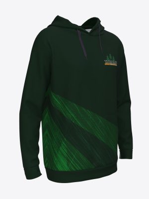 Unisex custom green sports pullover hoodie with drawstrings, sublimation print, and HK Tukums hockey club logo.
