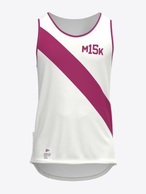 White custom sportswear running tank top for Maratona Klubs featuring a diagonal stripe and MK15 sublimation print