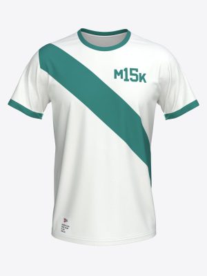 White custom sportswear running t-shirt for Maratona Klubs featuring a diagonal stripe and MK15 sublimation print jubilee design.
