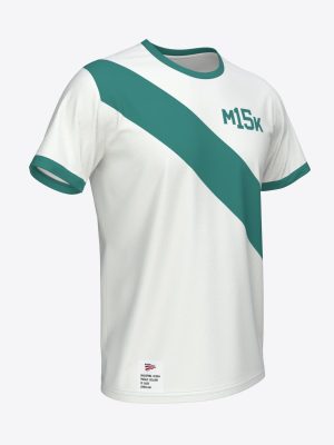 White custom sportswear running t-shirt for Maratona Klubs featuring a diagonal stripe and MK15 sublimation print jubilee design.