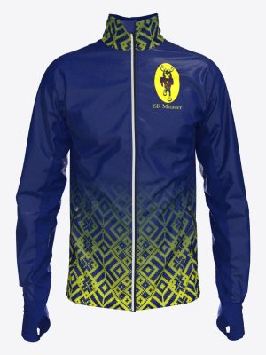 Custom Mitauer team sports jacket with hood and full zipper, featuring a sublimation print and athletic performance fabric.