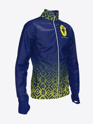 Custom Mitauer team sports jacket with hood and full zipper, featuring a sublimation print and athletic performance fabric.