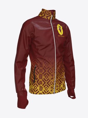 Custom Mitauer team sports jacket with hood and full zipper, featuring a sublimation print and athletic performance fabric.