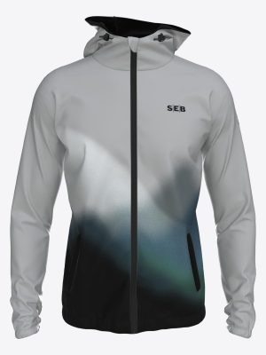 Custom SEB team sports jacket with hood and full zipper, featuring a modern mountain-inspired sublimation print and athletic performance fabric.