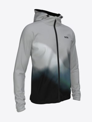 Custom SEB team sports jacket with hood and full zipper, featuring a modern mountain-inspired sublimation print and athletic performance fabric.