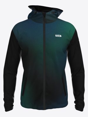 Custom SEB team sports jacket with hood and full zipper, featuring a modern mountain-inspired sublimation print and athletic performance fabric.
