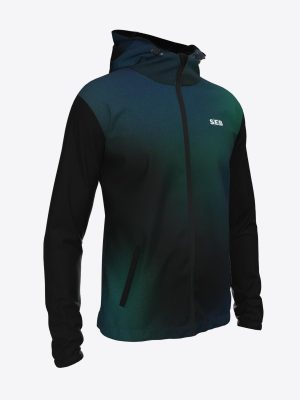 Custom SEB team sports jacket with hood and full zipper, featuring a modern mountain-inspired sublimation print and athletic performance fabric.