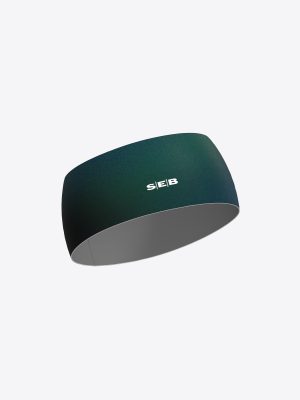Custom SEB team sports headband with sublimation print, featuring a grey gradient design and breathable performance fabric for runners.