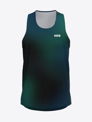 SEB bankas team racing singlet with professional sublimation design, featuring breathable technical fabric and high-quality custom printing for running competitions.