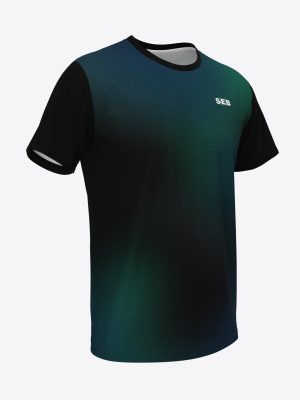 Custom SEB bank team sports T-shirt with sublimation print, featuring a modern gradient design and breathable performance fabric.