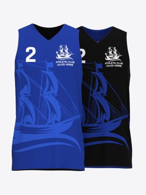 Custom sublimation reversible basketball shirt for Athletic Club Jules Verne in blue and black.