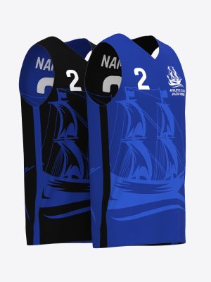 Custom sublimation reversible basketball shirt for Athletic Club Jules Verne in blue and black.