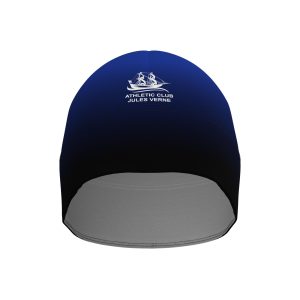 Professional custom teamwear beanie for Athletic Club Jules Verne, featuring a sleek navy-to-black gradient and high-contrast white club branding applied via professional sublimation printing on technical performance fabric.