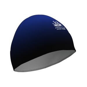 Professional custom teamwear beanie for Athletic Club Jules Verne, featuring a sleek navy-to-black gradient and high-contrast white club branding applied via professional sublimation printing on technical performance fabric.