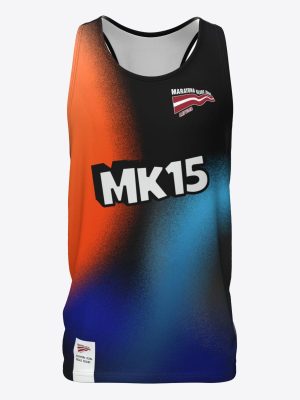 Custom sportswear running tank top for Maratona Klubs featuring a vibrant orange, blue, and black gradient sublimation print design