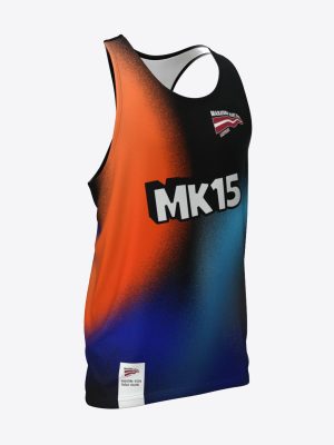 Custom sportswear running tank top for Maratona Klubs featuring a vibrant orange, blue, and black gradient sublimation print design