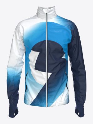 Custom sublimated orienteering training jacket featuring a full-length zipper, high collar, and integrated thumbholes.