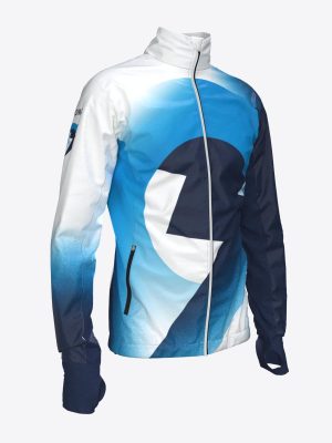 Custom sublimated orienteering training jacket featuring a full-length zipper, high collar, and integrated thumbholes.
