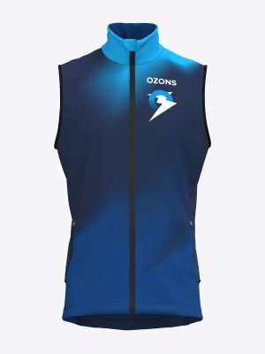 Custom sublimated orienteering vest featuring a full-length zipper, high wind-protective collar, and zippered pockets.