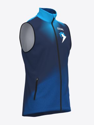 Custom sublimated orienteering vest featuring a full-length zipper, high wind-protective collar, and zippered pockets.
