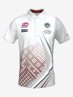 Sporta polo krekls ar personalizētu Ūdensmotociklu sporta asociācijas dizainu un logo.